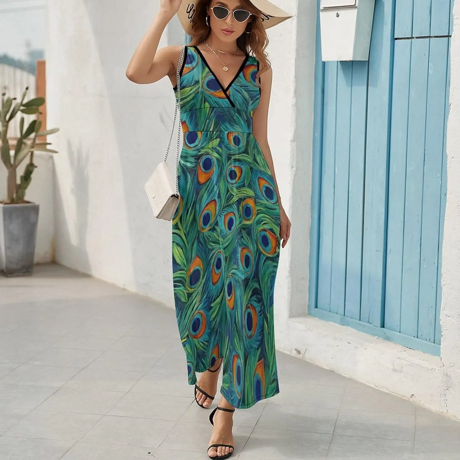 Women's V-Neck Sleeveless Swing Midi Sun Dress for Vacation Party Wedding