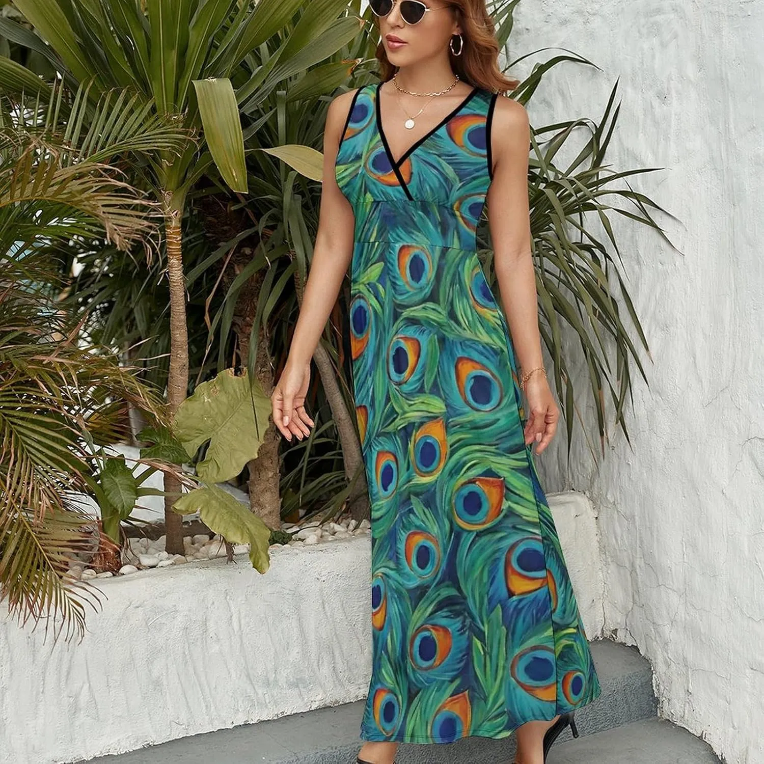 Women's V-Neck Sleeveless Swing Midi Sun Dress for Vacation Party Wedding