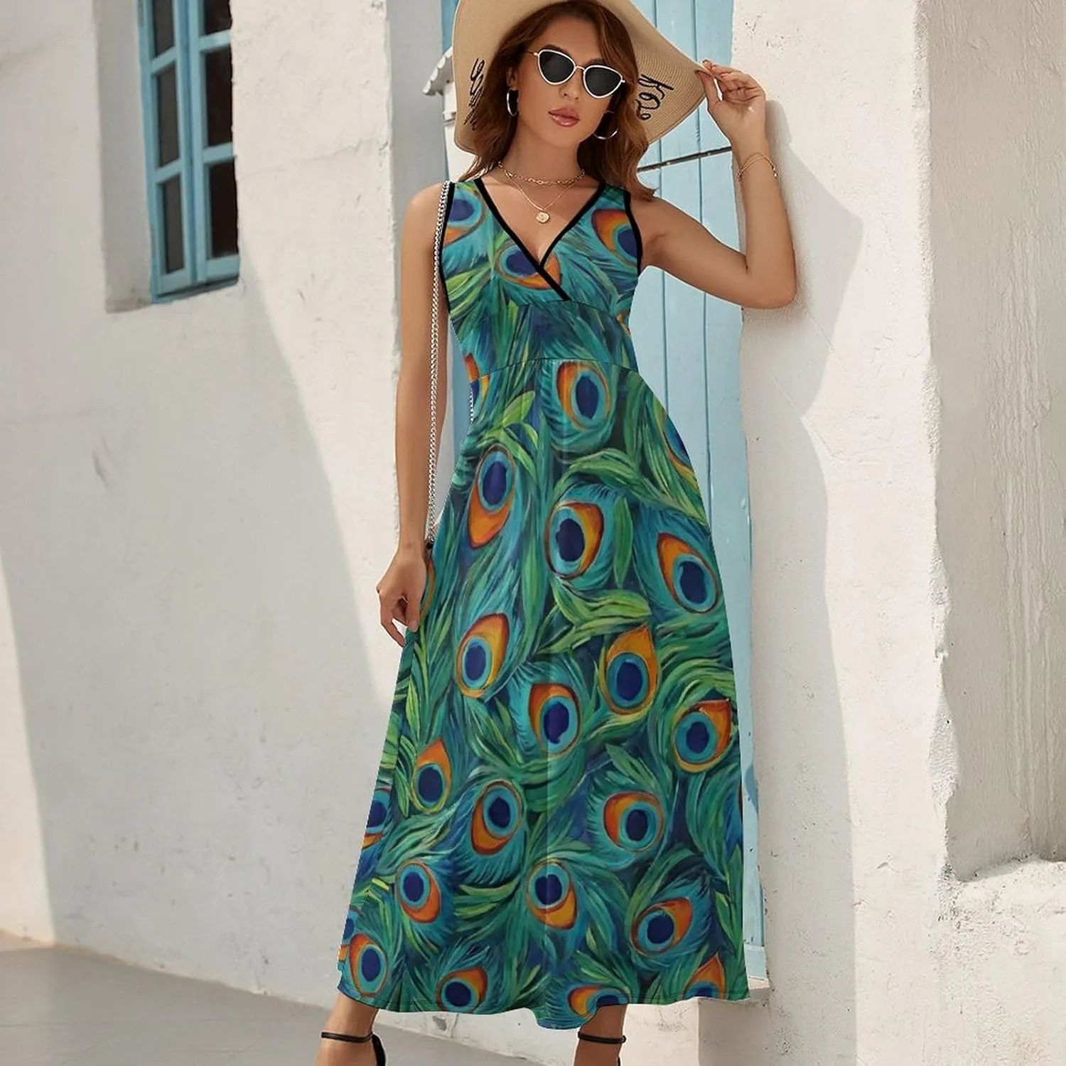 Women's V-Neck Sleeveless Swing Midi Sun Dress for Vacation Party Wedding