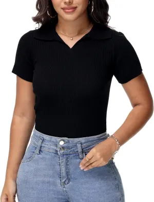 Womens V Neck T Shirts Short Sleeve Ribbed Knit Slim Fit Polo Tops Solid Color Trendy Summer Basic Tee T-Shirts