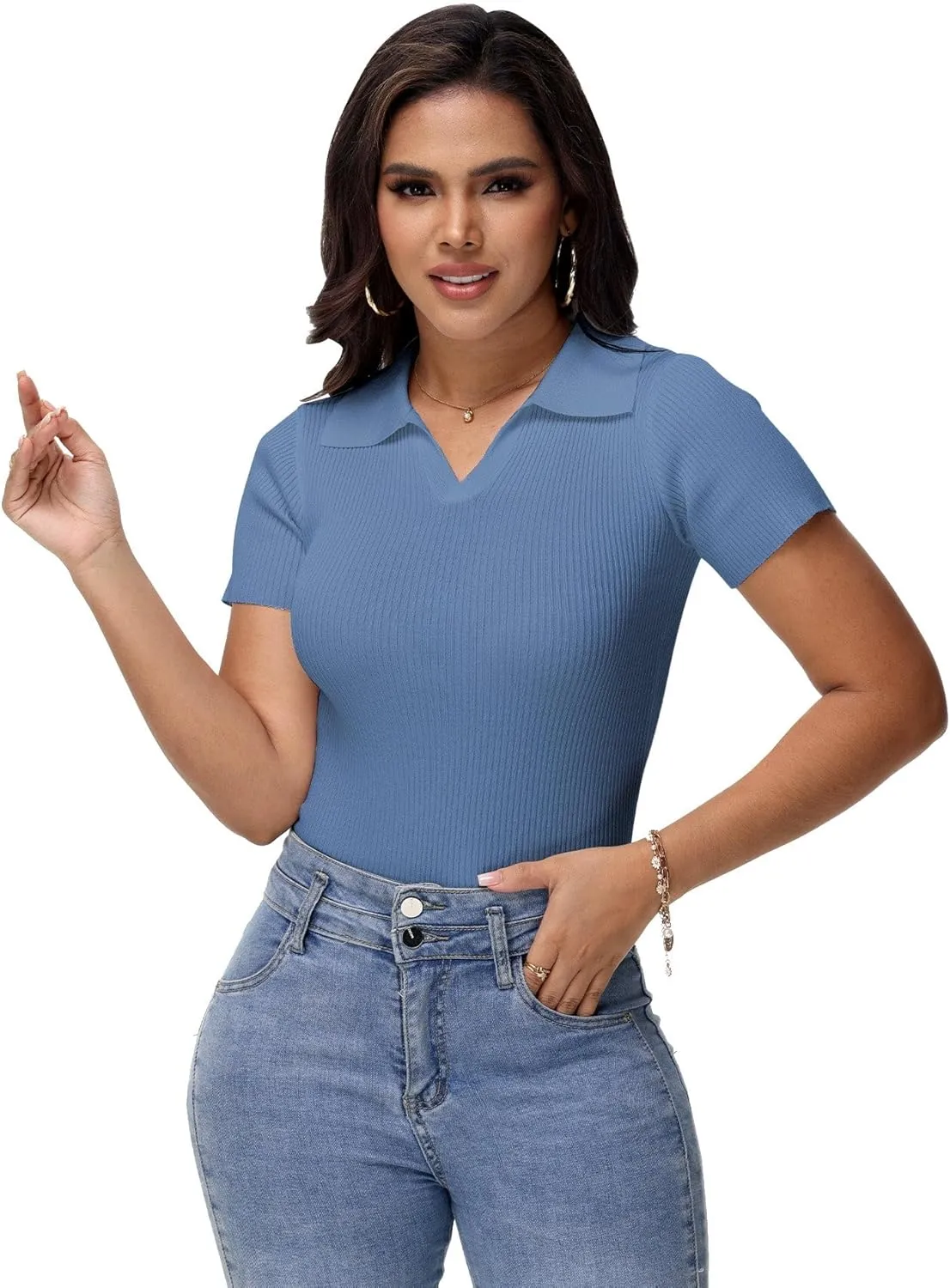 Womens V Neck T Shirts Short Sleeve Ribbed Knit Slim Fit Polo Tops Solid Color Trendy Summer Basic Tee T-Shirts