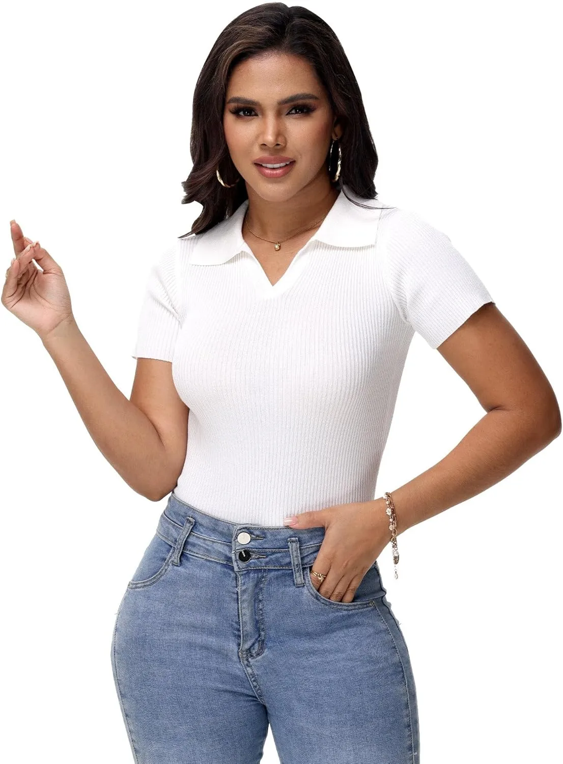 Womens V Neck T Shirts Short Sleeve Ribbed Knit Slim Fit Polo Tops Solid Color Trendy Summer Basic Tee T-Shirts