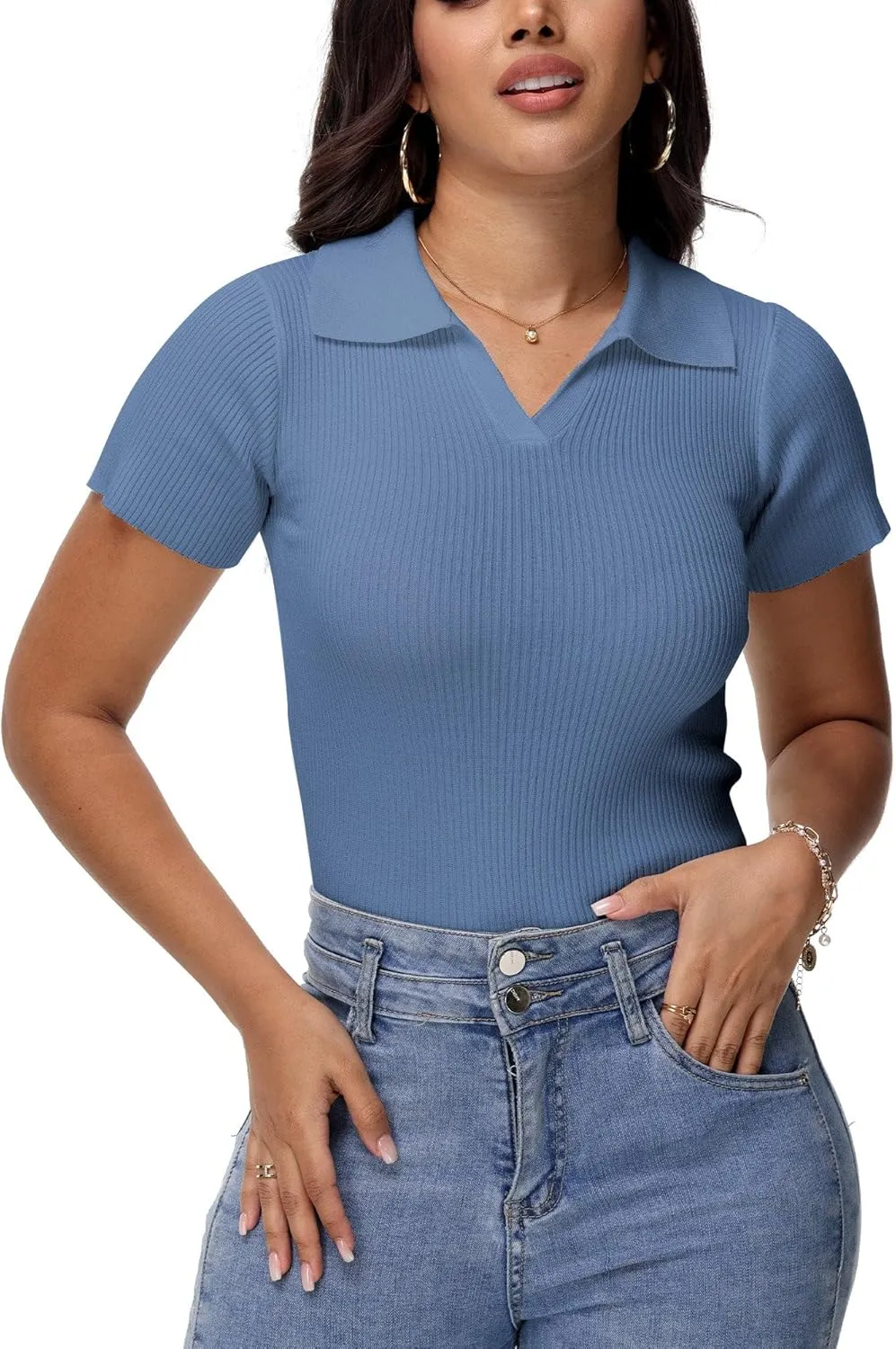 Womens V Neck T Shirts Short Sleeve Ribbed Knit Slim Fit Polo Tops Solid Color Trendy Summer Basic Tee T-Shirts