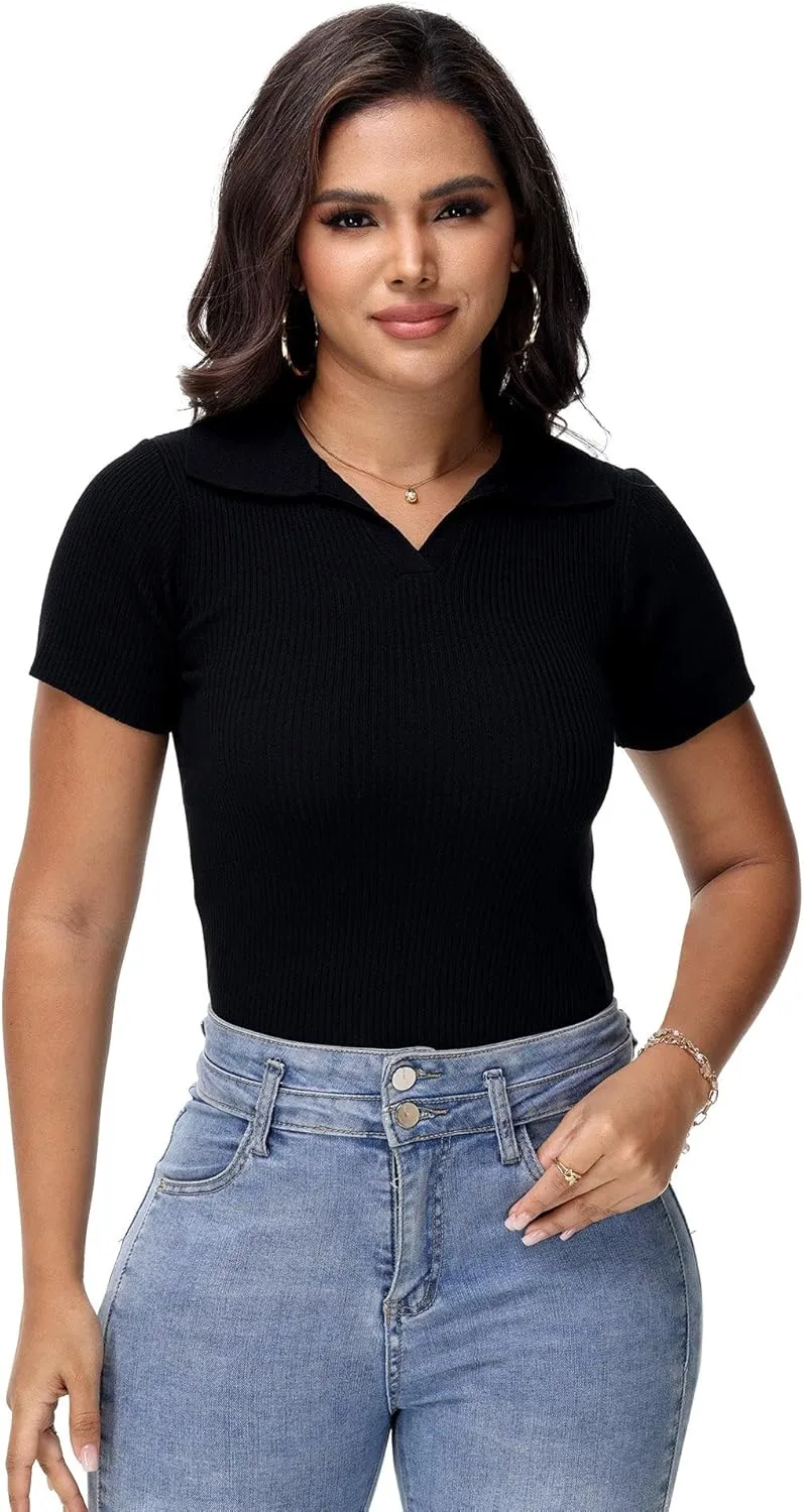 Womens V Neck T Shirts Short Sleeve Ribbed Knit Slim Fit Polo Tops Solid Color Trendy Summer Basic Tee T-Shirts