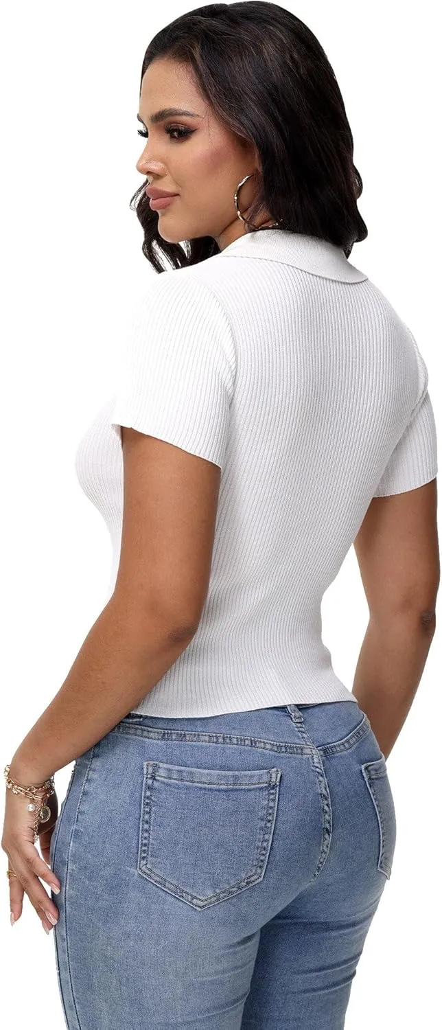 Womens V Neck T Shirts Short Sleeve Ribbed Knit Slim Fit Polo Tops Solid Color Trendy Summer Basic Tee T-Shirts