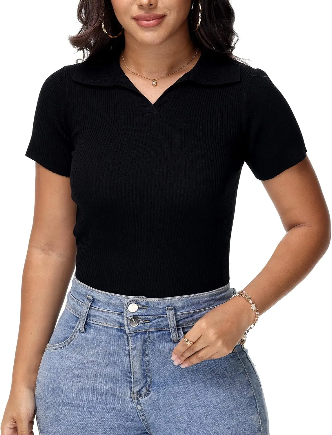 Womens V Neck T Shirts Short Sleeve Ribbed Knit Slim Fit Polo Tops Solid Color Trendy Summer Basic Tee T-Shirts