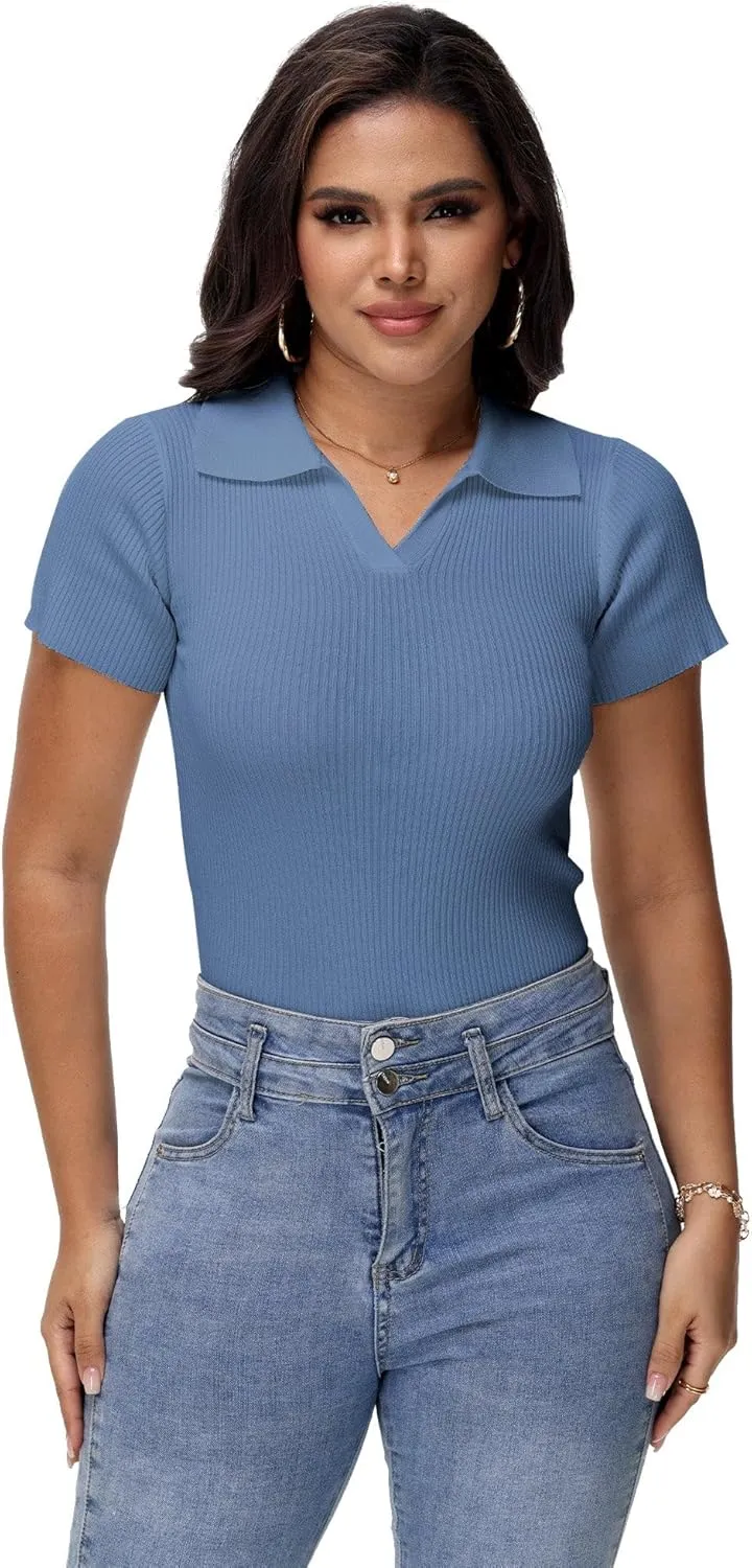 Womens V Neck T Shirts Short Sleeve Ribbed Knit Slim Fit Polo Tops Solid Color Trendy Summer Basic Tee T-Shirts
