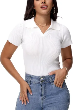 Womens V Neck T Shirts Short Sleeve Ribbed Knit Slim Fit Polo Tops Solid Color Trendy Summer Basic Tee T-Shirts