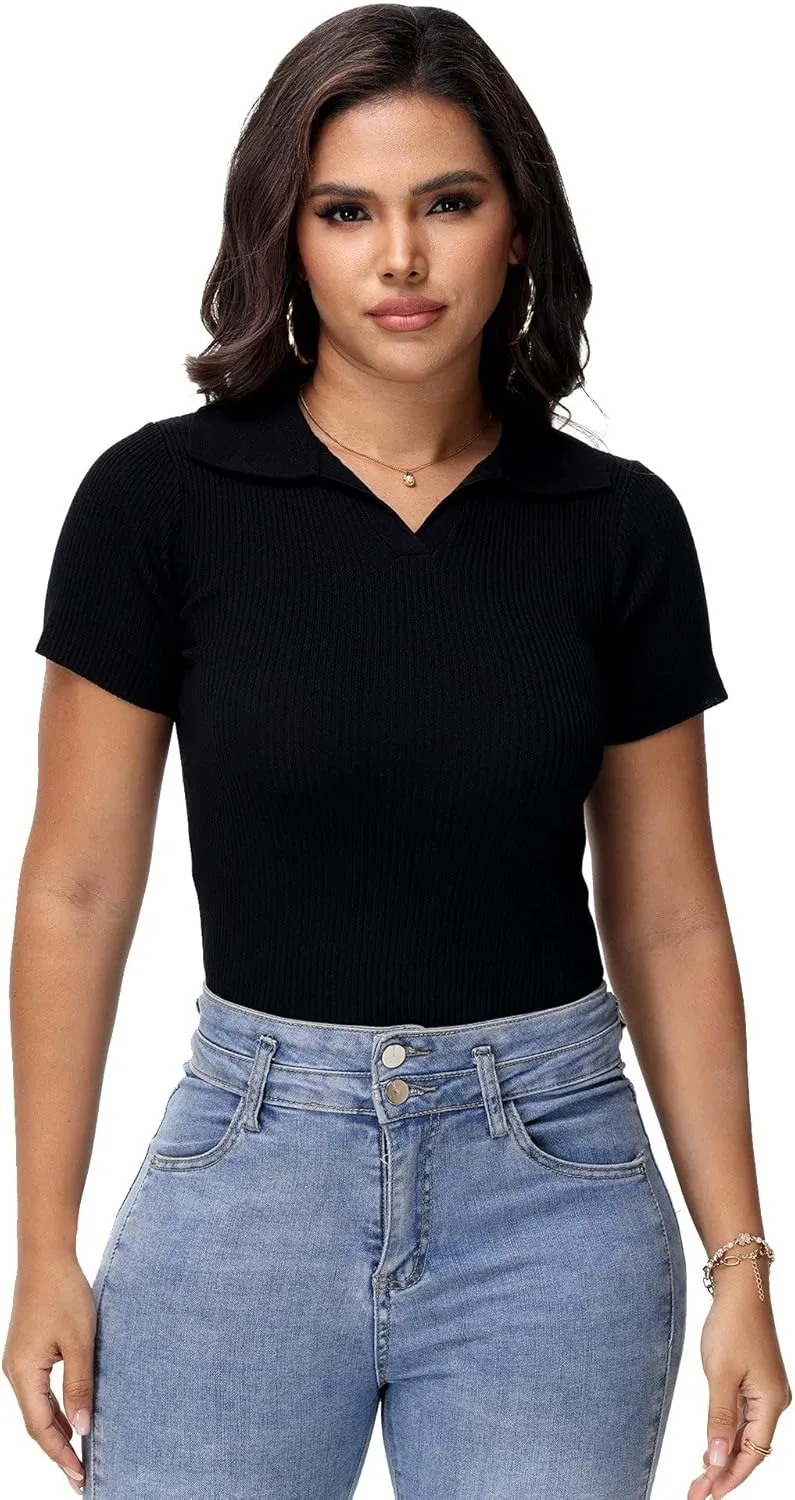 Womens V Neck T Shirts Short Sleeve Ribbed Knit Slim Fit Polo Tops Solid Color Trendy Summer Basic Tee T-Shirts