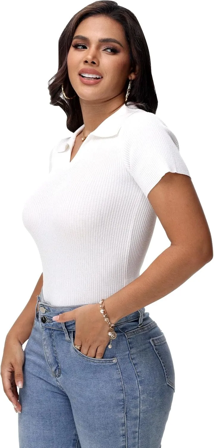Womens V Neck T Shirts Short Sleeve Ribbed Knit Slim Fit Polo Tops Solid Color Trendy Summer Basic Tee T-Shirts