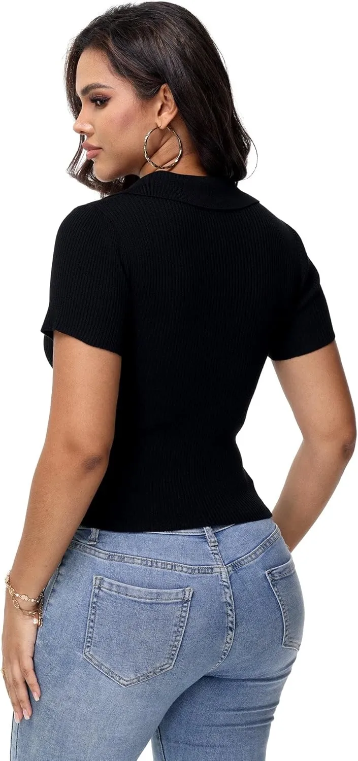 Womens V Neck T Shirts Short Sleeve Ribbed Knit Slim Fit Polo Tops Solid Color Trendy Summer Basic Tee T-Shirts