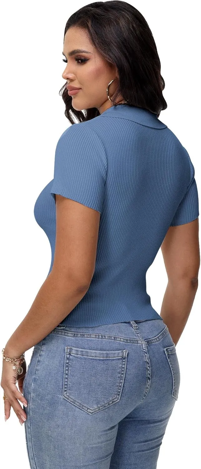 Womens V Neck T Shirts Short Sleeve Ribbed Knit Slim Fit Polo Tops Solid Color Trendy Summer Basic Tee T-Shirts