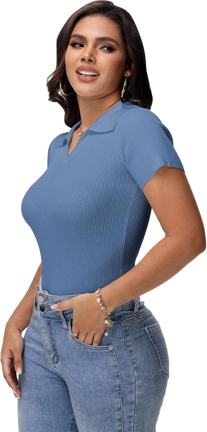 Womens V Neck T Shirts Short Sleeve Ribbed Knit Slim Fit Polo Tops Solid Color Trendy Summer Basic Tee T-Shirts