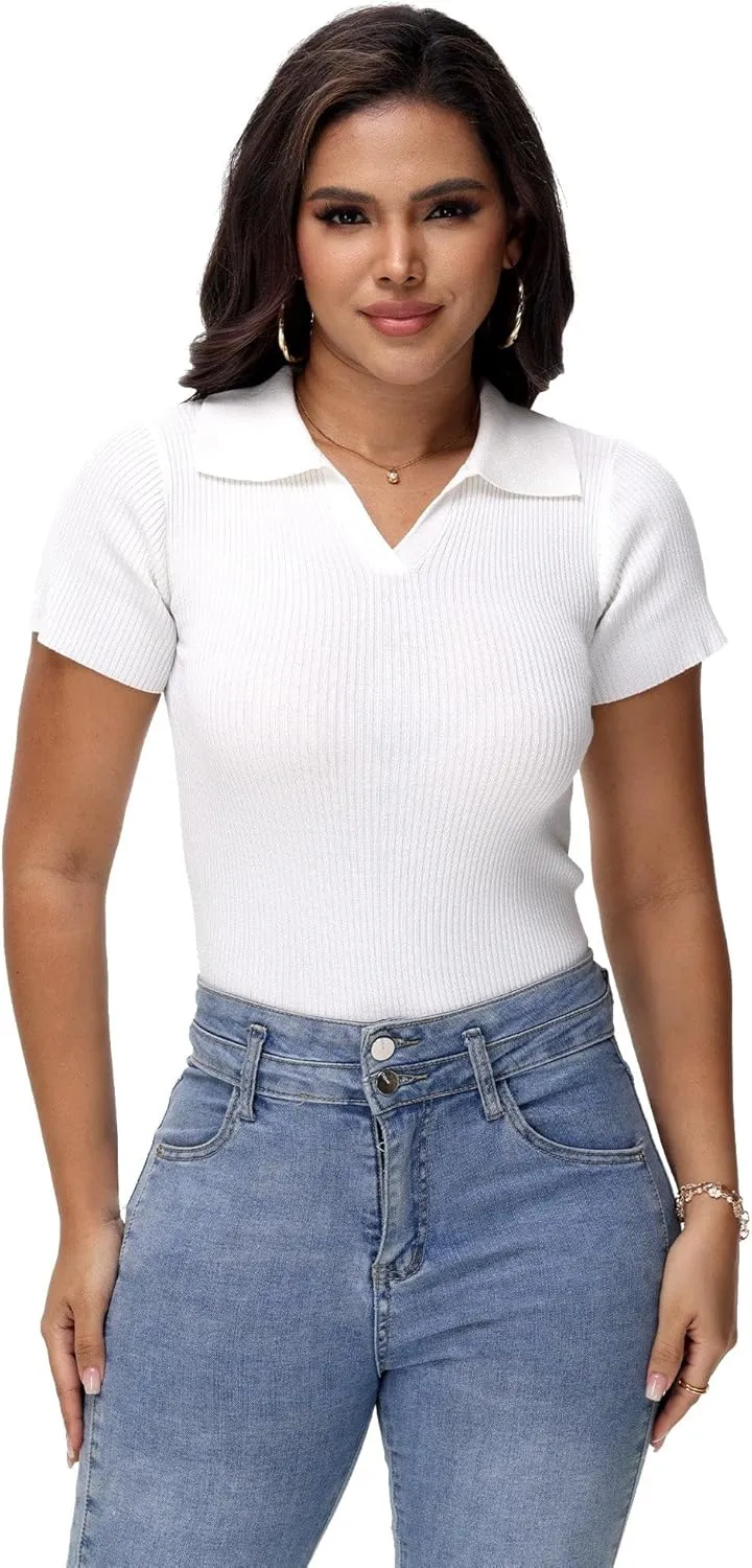 Womens V Neck T Shirts Short Sleeve Ribbed Knit Slim Fit Polo Tops Solid Color Trendy Summer Basic Tee T-Shirts