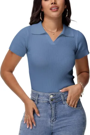 Womens V Neck T Shirts Short Sleeve Ribbed Knit Slim Fit Polo Tops Solid Color Trendy Summer Basic Tee T-Shirts
