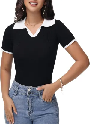 Womens V Neck T Shirts Short Sleeve Slim Fit Polo Tops Solid Color Trendy Summer Basic Tee T-Shirts