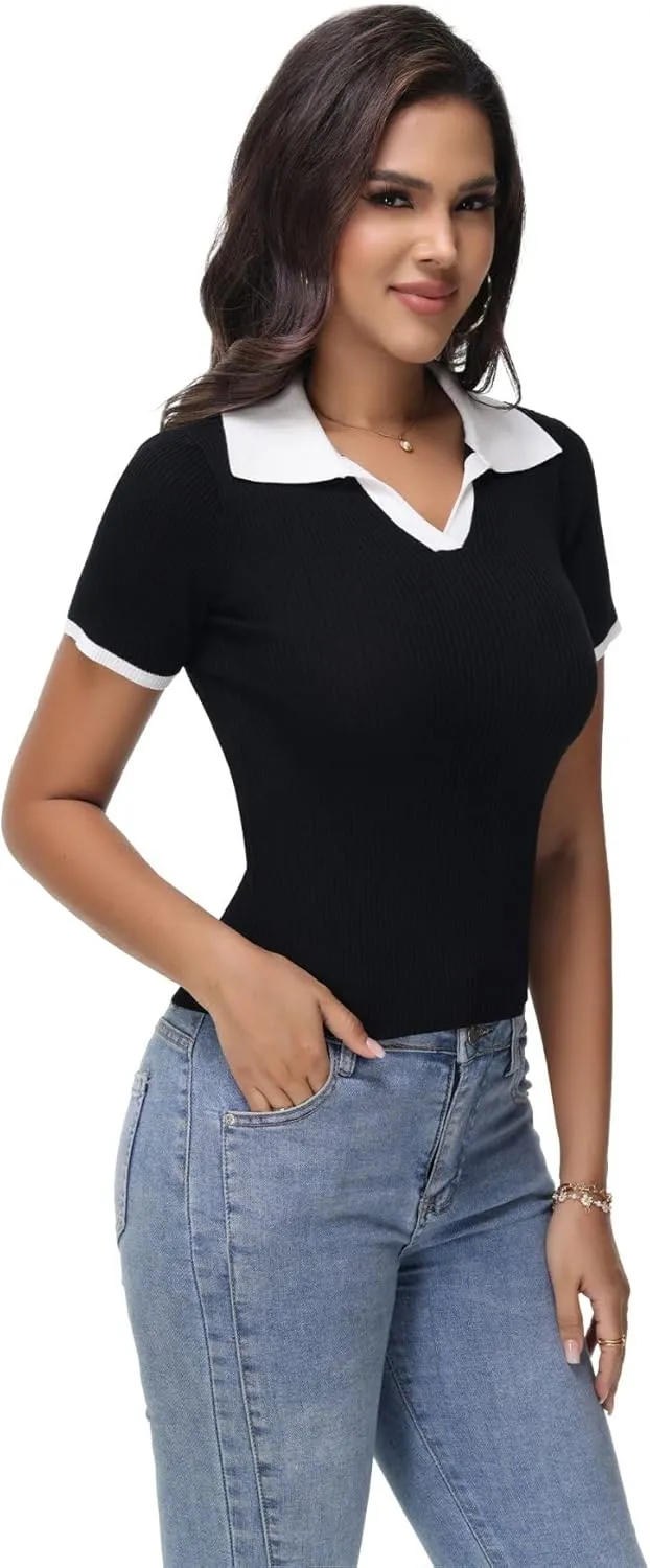 Womens V Neck T Shirts Short Sleeve Slim Fit Polo Tops Solid Color Trendy Summer Basic Tee T-Shirts