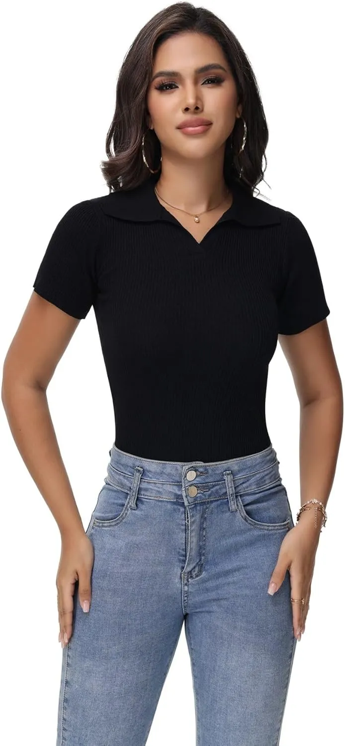Womens V Neck T Shirts Short Sleeve Slim Fit Polo Tops Solid Color Trendy Summer Basic Tee T-Shirts