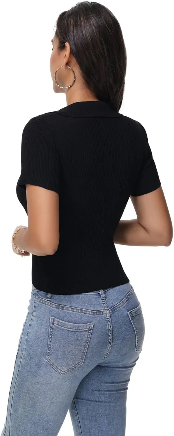 Womens V Neck T Shirts Short Sleeve Slim Fit Polo Tops Solid Color Trendy Summer Basic Tee T-Shirts