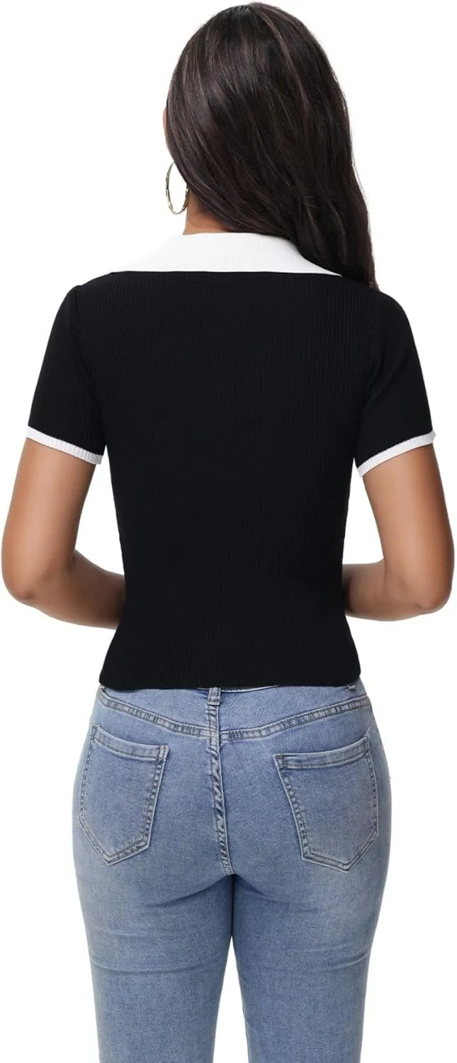 Womens V Neck T Shirts Short Sleeve Slim Fit Polo Tops Solid Color Trendy Summer Basic Tee T-Shirts