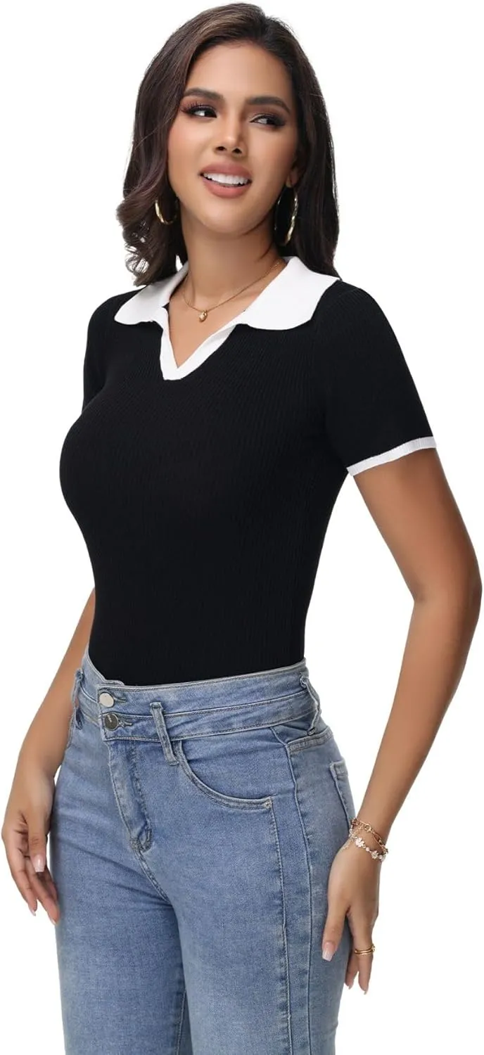 Womens V Neck T Shirts Short Sleeve Slim Fit Polo Tops Solid Color Trendy Summer Basic Tee T-Shirts