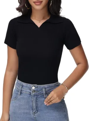 Womens V Neck T Shirts Short Sleeve Slim Fit Polo Tops Solid Color Trendy Summer Basic Tee T-Shirts