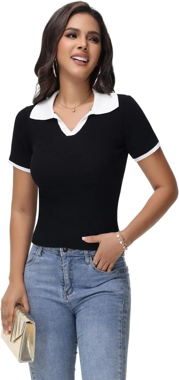 Womens V Neck T Shirts Short Sleeve Slim Fit Polo Tops Solid Color Trendy Summer Basic Tee T-Shirts