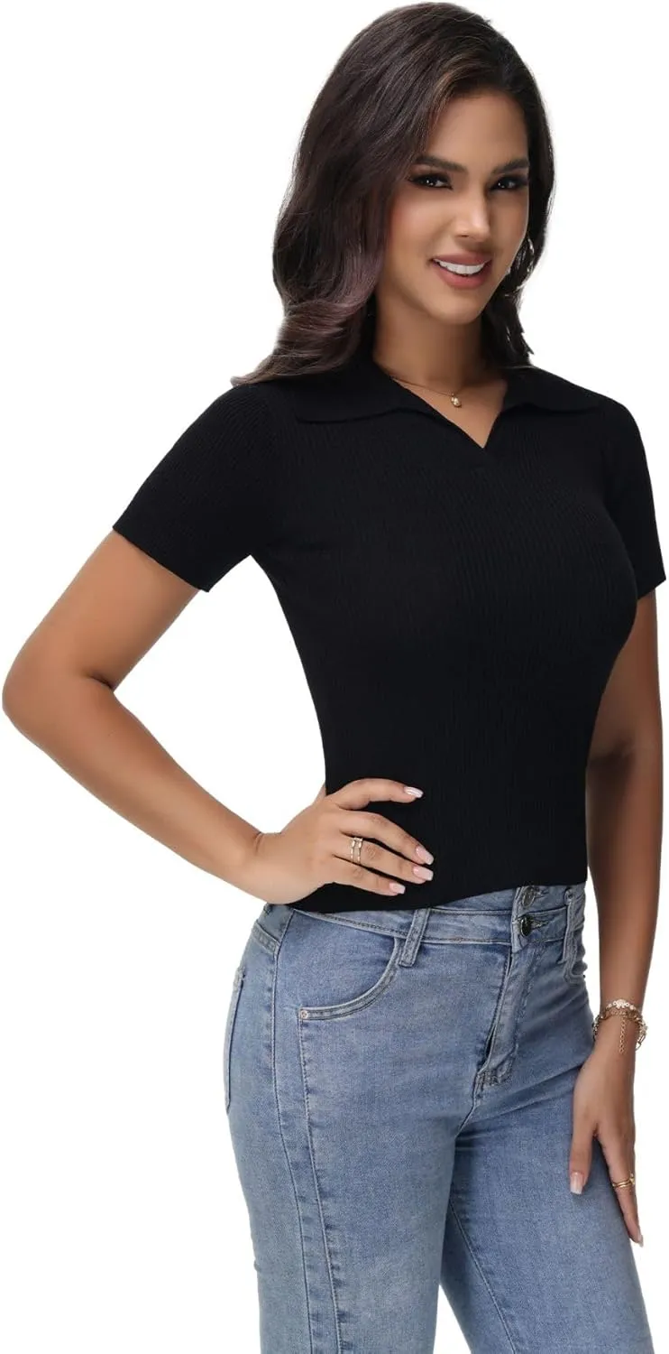 Womens V Neck T Shirts Short Sleeve Slim Fit Polo Tops Solid Color Trendy Summer Basic Tee T-Shirts