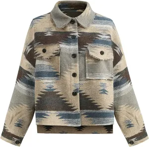 Women's Vintage Aztec Print Pattern Loose Shacket Button Down Long Sleeve Woolen Jacket Shirts Coat