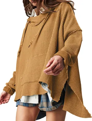 Womens Waffle Knit Hoodies Oversized Sweatshirt Long Sleeve Pullover Sweater