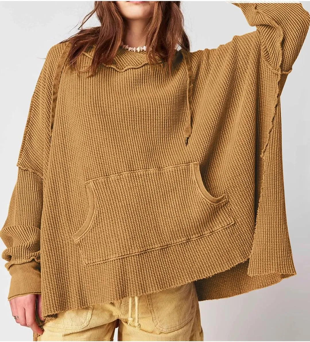 Womens Waffle Knit Hoodies Oversized Sweatshirt Long Sleeve Pullover Sweater