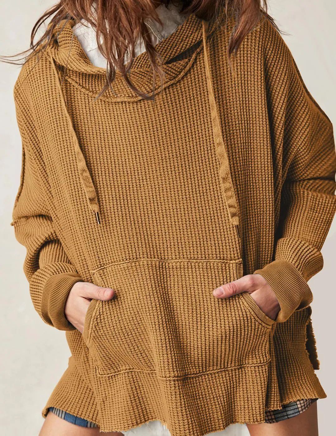 Womens Waffle Knit Hoodies Oversized Sweatshirt Long Sleeve Pullover Sweater