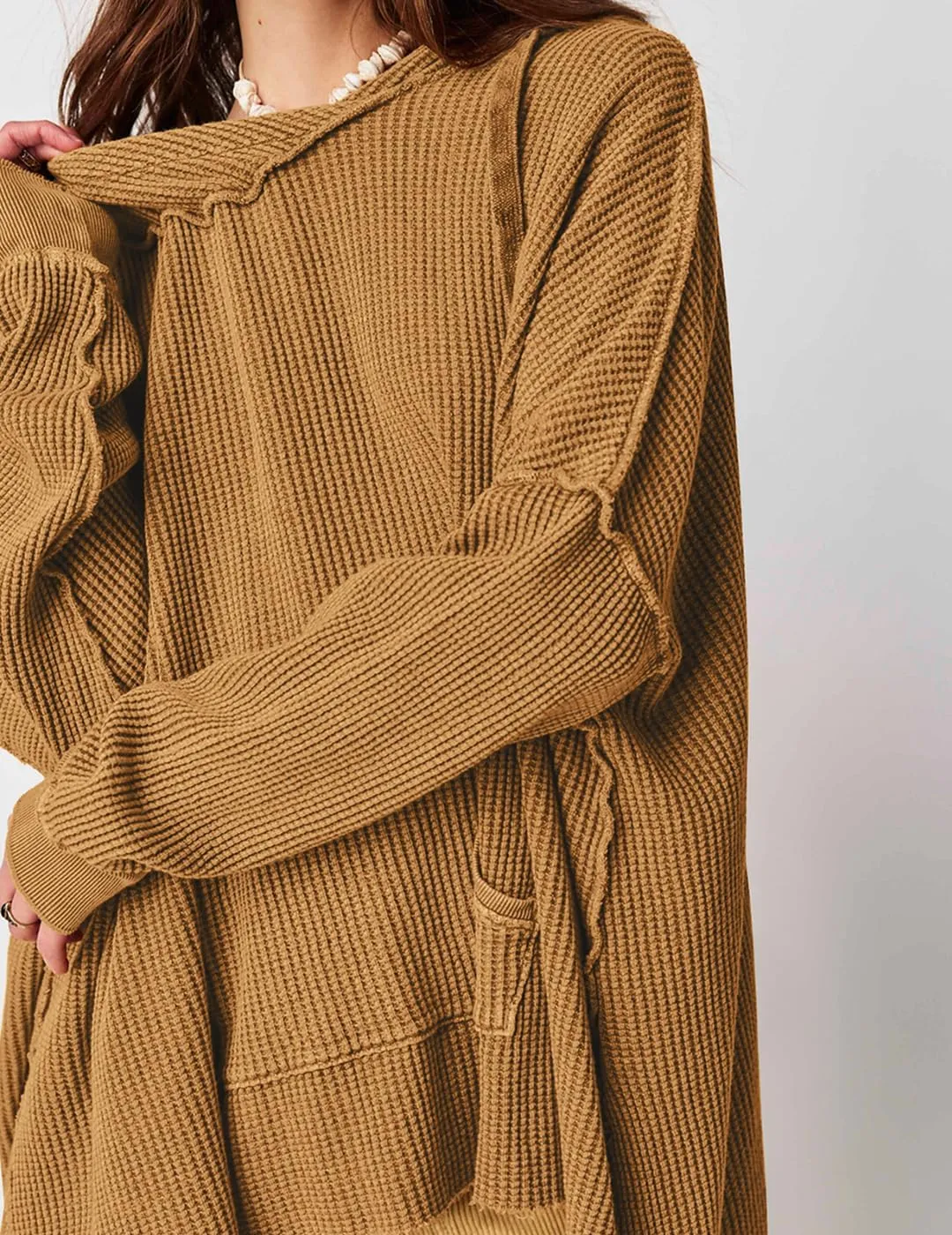 Womens Waffle Knit Hoodies Oversized Sweatshirt Long Sleeve Pullover Sweater