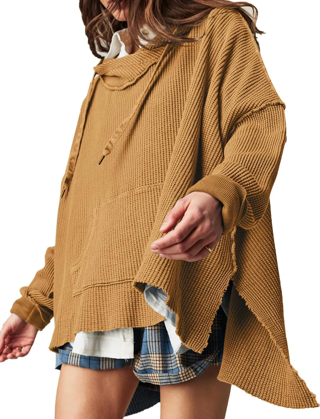 Womens Waffle Knit Hoodies Oversized Sweatshirt Long Sleeve Pullover Sweater