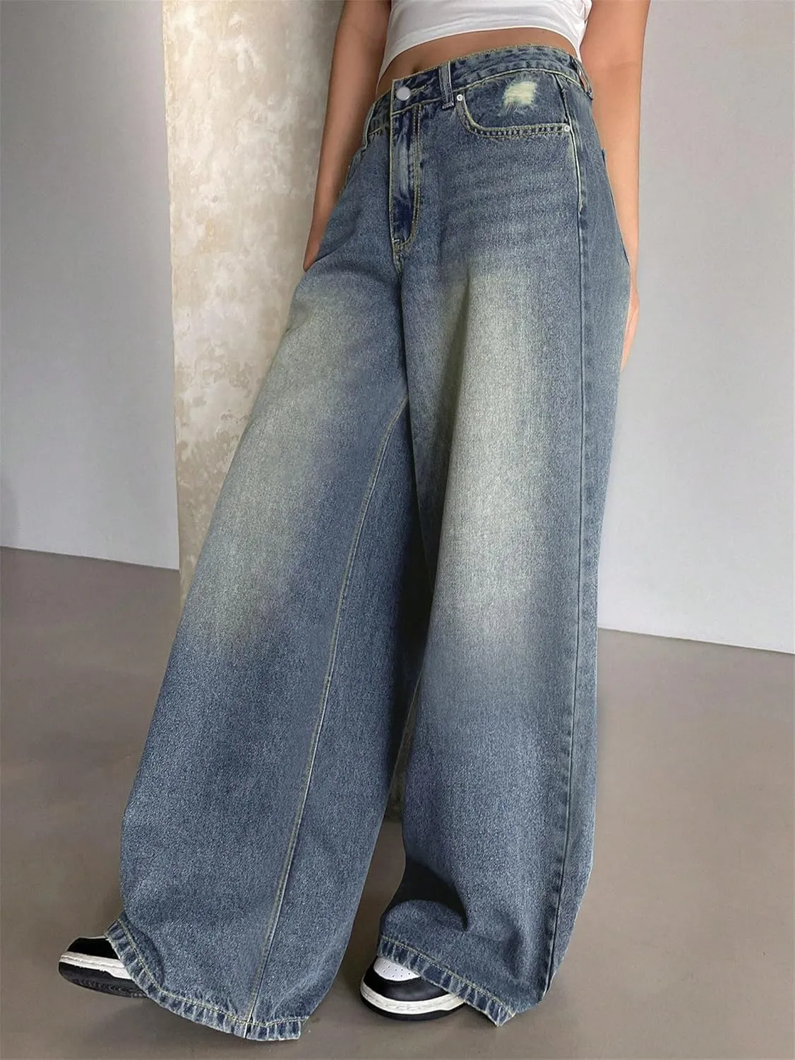 Womens Wide Leg Baggy High Waist Boyfriend Jeans, Casual High Waisted Straight Stretch Denim Pants with Pockets