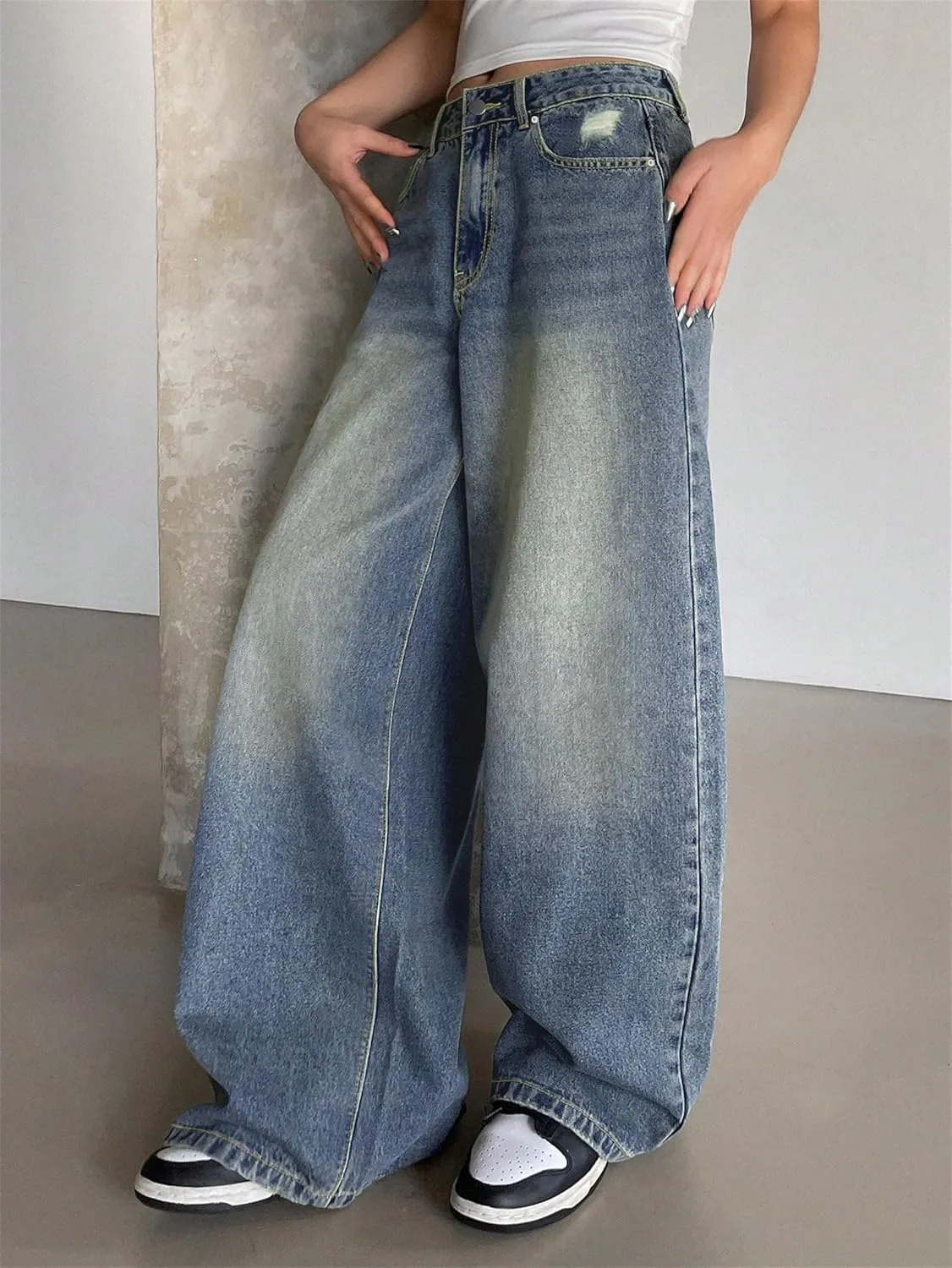 Womens Wide Leg Baggy High Waist Boyfriend Jeans, Casual High Waisted Straight Stretch Denim Pants with Pockets