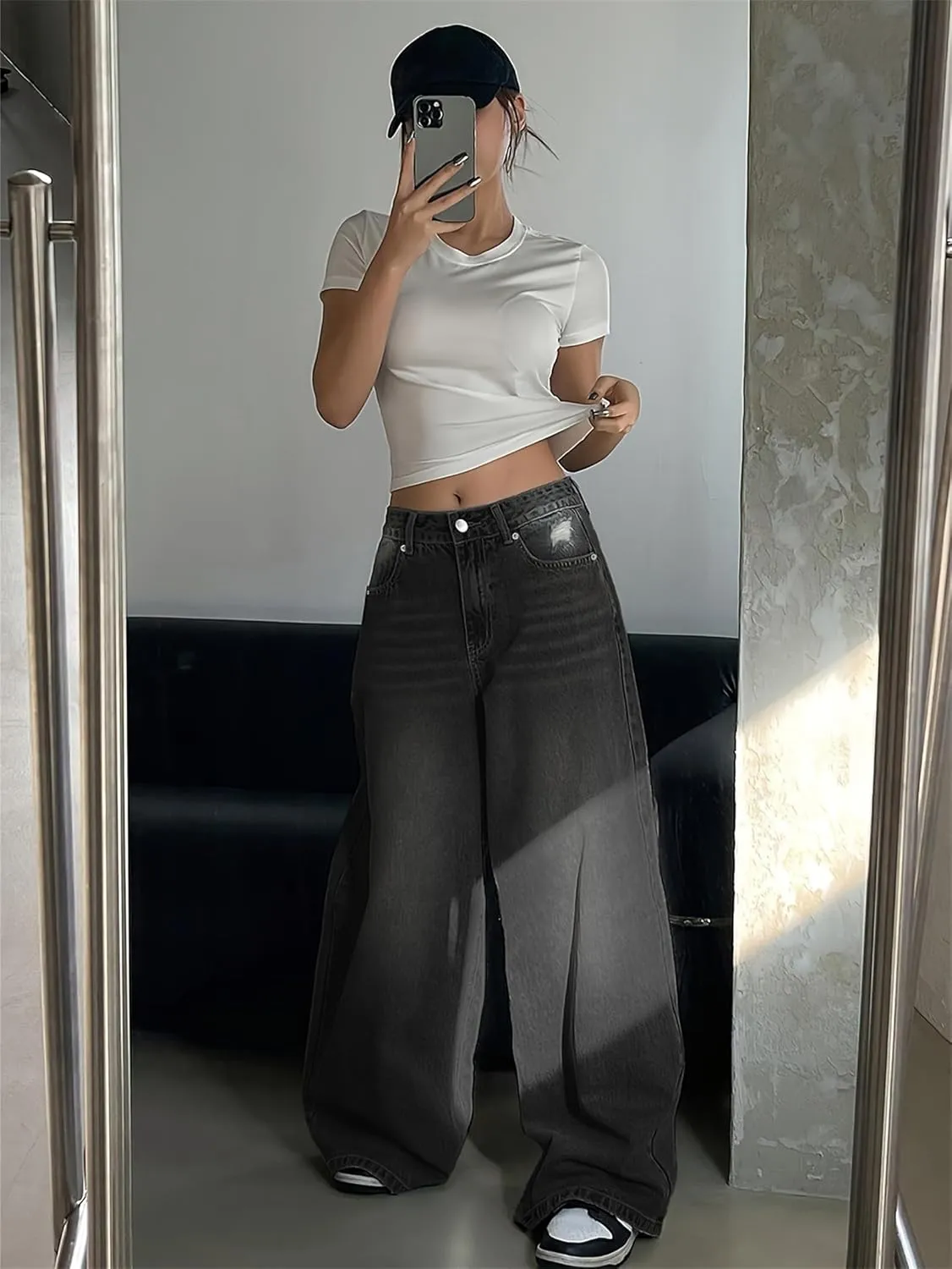 Womens Wide Leg Baggy High Waist Boyfriend Jeans, Casual High Waisted Straight Stretch Denim Pants with Pockets