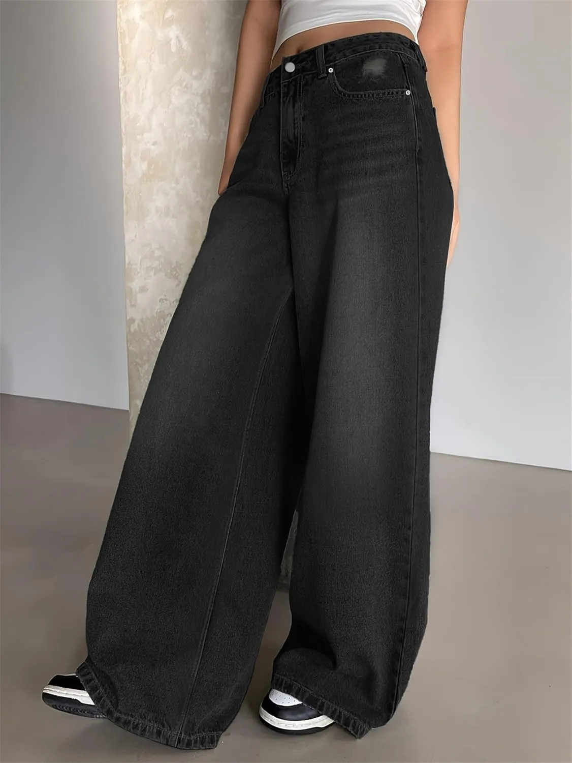 Womens Wide Leg Baggy High Waist Boyfriend Jeans, Casual High Waisted Straight Stretch Denim Pants with Pockets