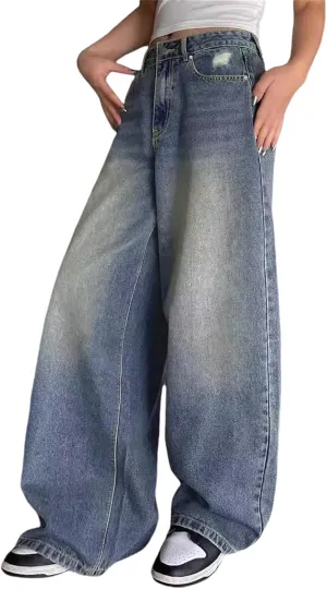 Womens Wide Leg Baggy High Waist Boyfriend Jeans, Casual High Waisted Straight Stretch Denim Pants with Pockets