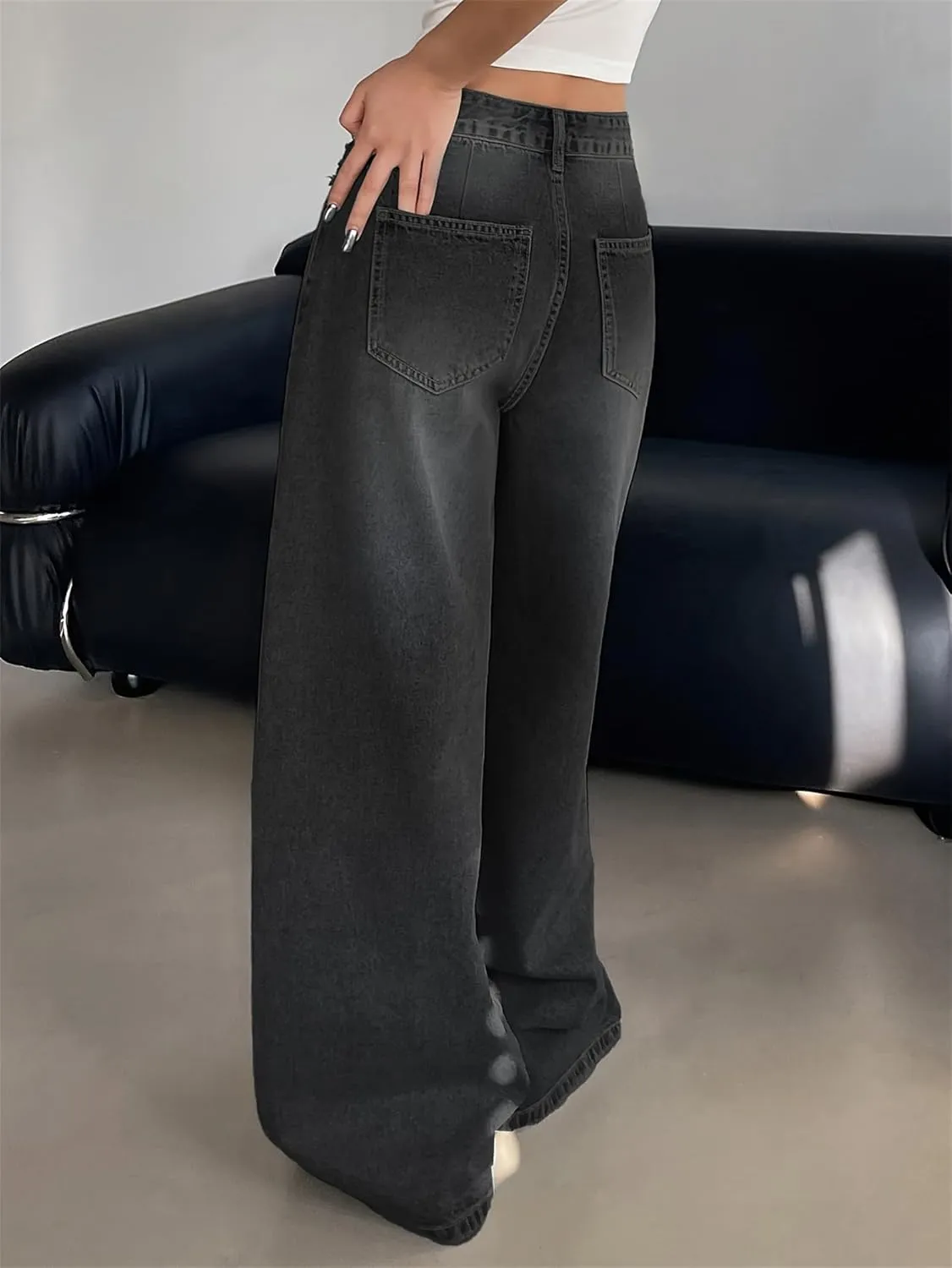 Womens Wide Leg Baggy High Waist Boyfriend Jeans, Casual High Waisted Straight Stretch Denim Pants with Pockets