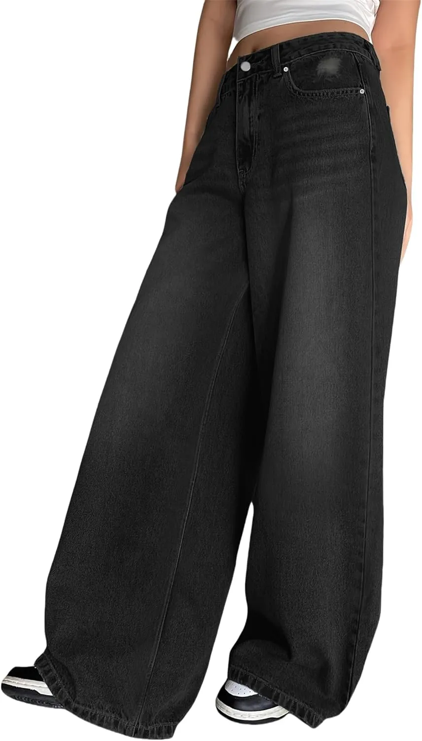 Womens Wide Leg Baggy High Waist Boyfriend Jeans, Casual High Waisted Straight Stretch Denim Pants with Pockets