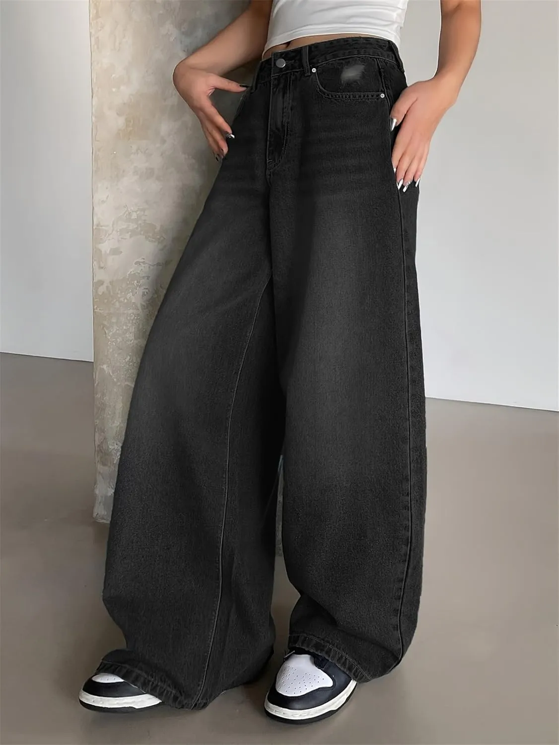 Womens Wide Leg Baggy High Waist Boyfriend Jeans, Casual High Waisted Straight Stretch Denim Pants with Pockets