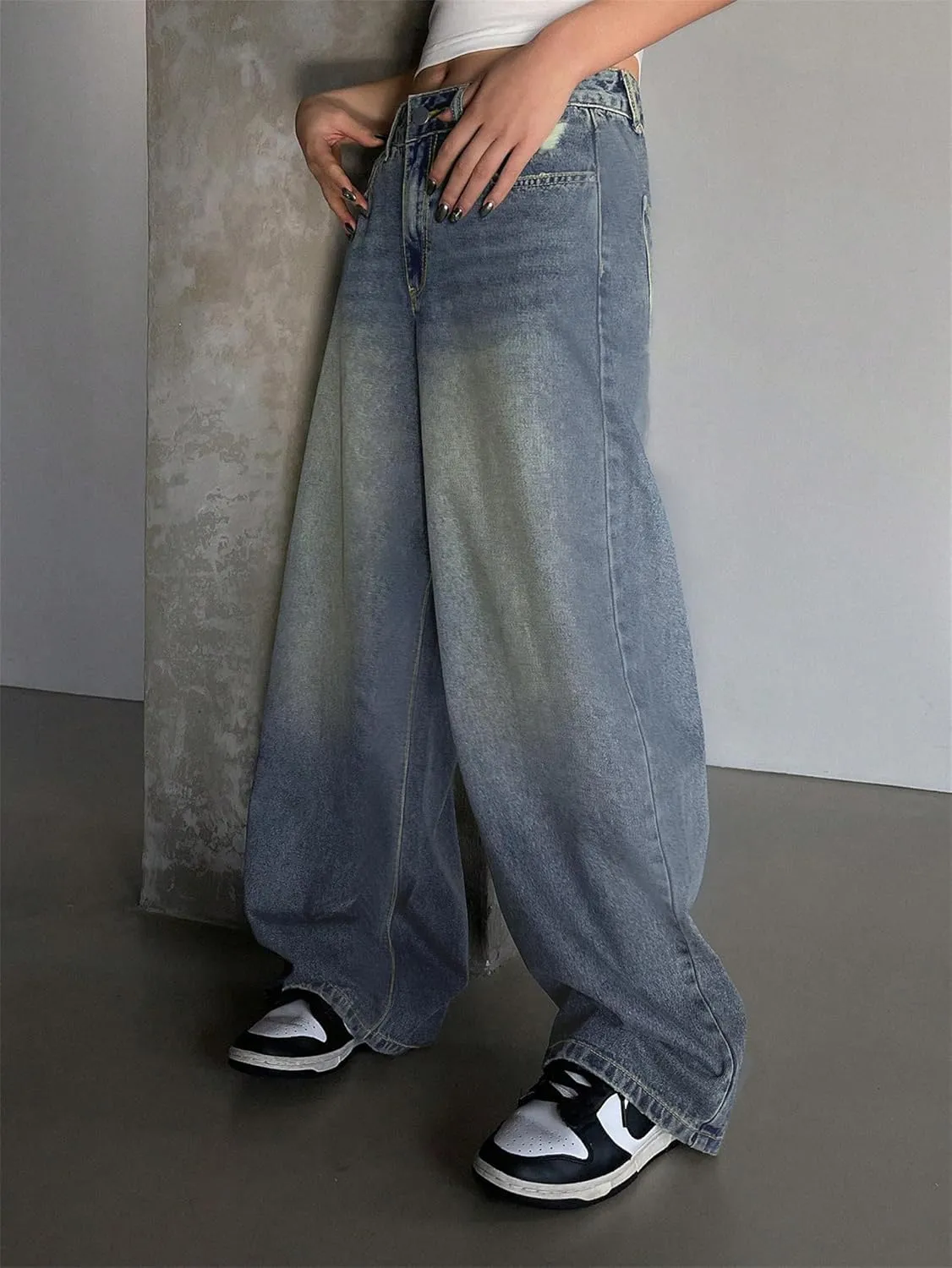 Womens Wide Leg Baggy High Waist Boyfriend Jeans, Casual High Waisted Straight Stretch Denim Pants with Pockets