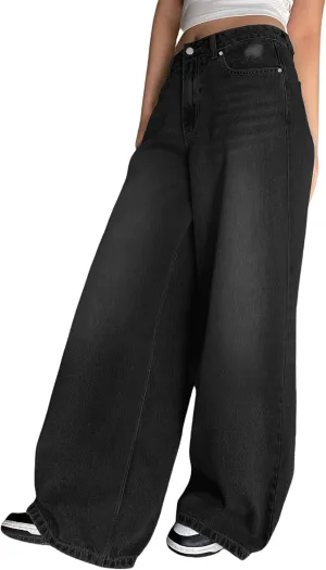 Womens Wide Leg Baggy High Waist Boyfriend Jeans, Casual High Waisted Straight Stretch Denim Pants with Pockets