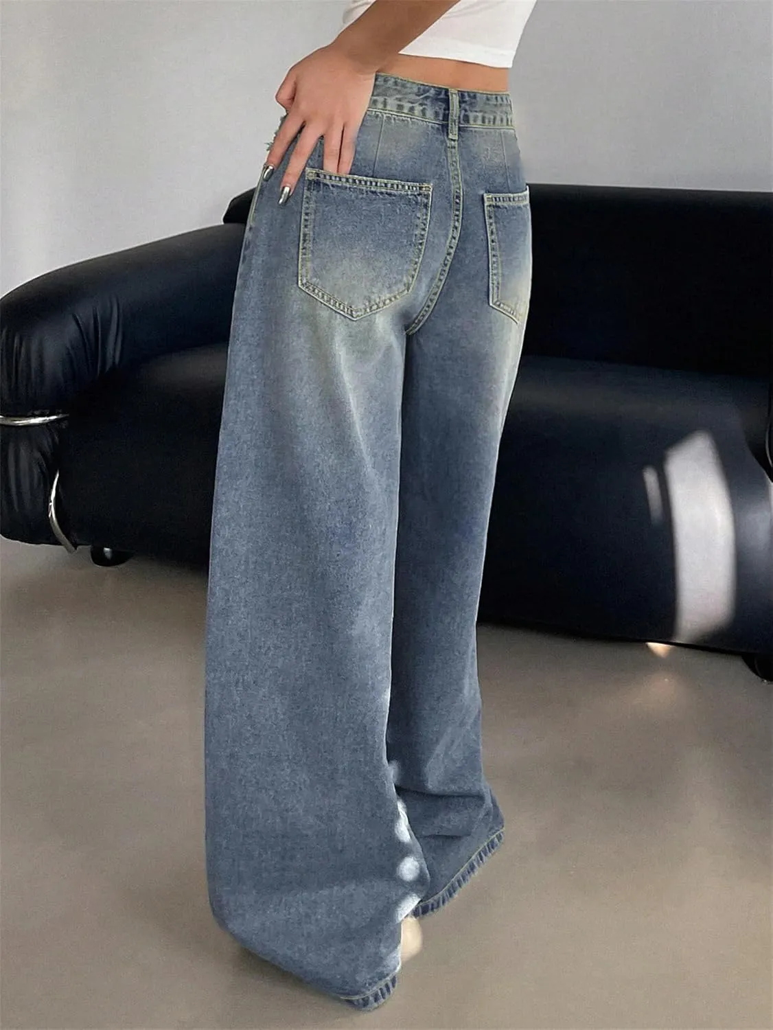 Womens Wide Leg Baggy High Waist Boyfriend Jeans, Casual High Waisted Straight Stretch Denim Pants with Pockets