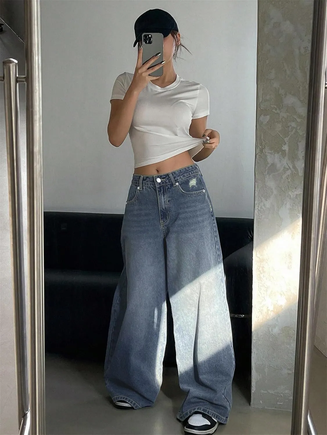 Womens Wide Leg Baggy High Waist Boyfriend Jeans, Casual High Waisted Straight Stretch Denim Pants with Pockets