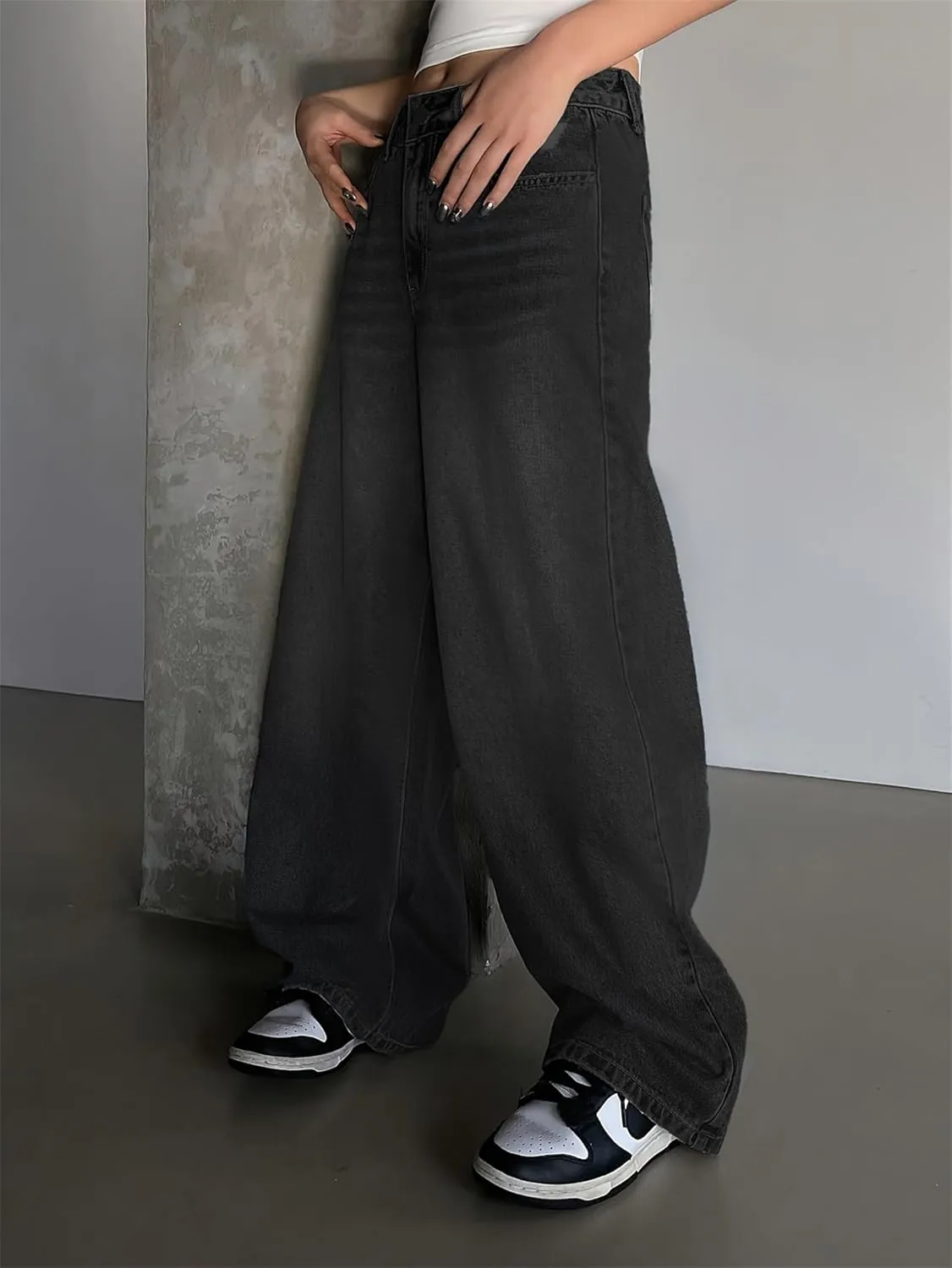 Womens Wide Leg Baggy High Waist Boyfriend Jeans, Casual High Waisted Straight Stretch Denim Pants with Pockets