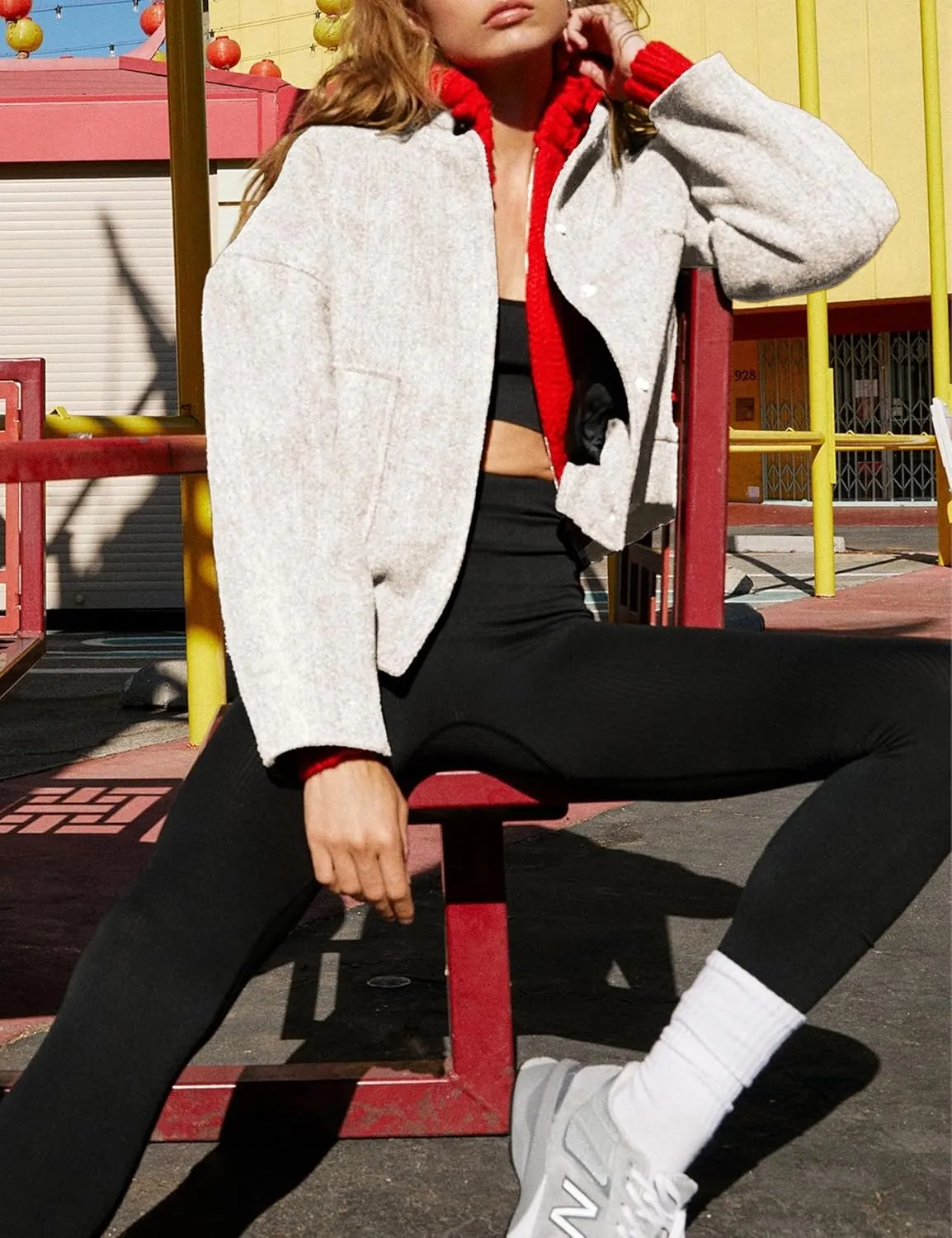 Womens Wool Blend Bomber Jacket Casual Cropped Boxy Fit Coat Elastic Hem Snap Button Outwear with Pockets