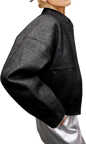 Womens Wool Blend Bomber Jacket Casual Cropped Boxy Fit Coat Elastic Hem Snap Button Outwear with Pockets