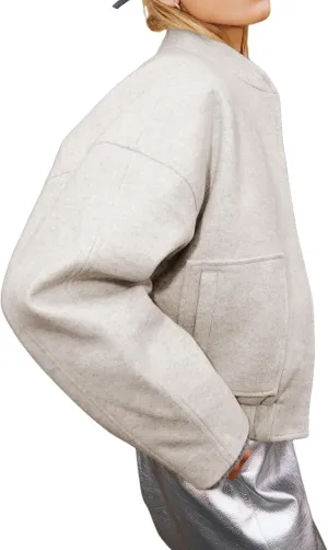 Womens Wool Blend Bomber Jacket Casual Cropped Boxy Fit Coat Elastic Hem Snap Button Outwear with Pockets